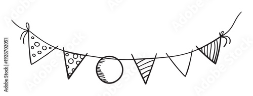 Playful hand drawn party bunting garland featuring assorted flag shapes with dots and stripes, perfect for cheerful birthday celebrations, event decorations, and invitation designs.