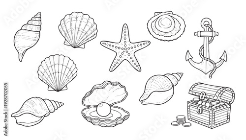 Explore a collection of sea treasures with seashells, a starfish, an oyster and pearl, a ship anchor, and a chest of gold coins, perfect for nautical themes and pirate adventures.