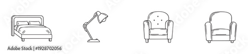 Outline drawings of various household furniture items including a comfortable bed, a functional desk lamp, and stylish armchairs for home interior decoration projects