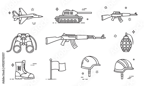 Military equipment line icon set featuring fighter jet, tank, various rifles, binoculars, grenade, boot, flag, and helmets for army force themed graphic projects