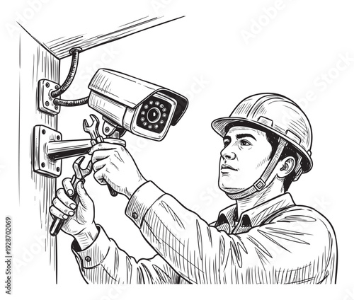 Professional technician wearing a hard hat installing a modern CCTV security camera system on a building wall using a wrench, ideal for safety and surveillance industry promotions