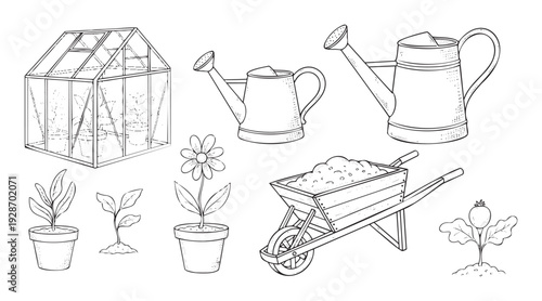 Comprehensive collection of essential gardening tools and thriving plants ideal for springtime horticultural projects, home garden cultivation, and agricultural designs