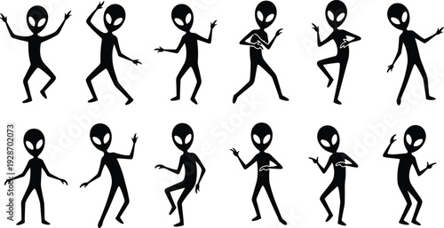 Alien silhouette dancing pose set, funny extraterrestrial character actions collection, black vector illustration isolated on white background for creative design projects