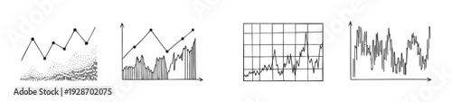 Hand drawn visual representations of data including line graphs, bar charts, and trend diagrams, perfect for illustrating business statistics, financial analysis, and economic reports in