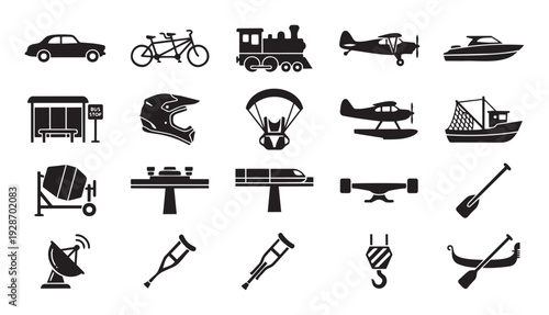 A collection of diverse black silhouette icons representing transport vehicles, industrial equipment, and assistive devices for various graphic and presentation applications