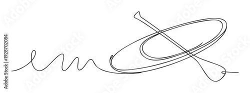 Minimalist continuous line drawing of a canoe with a paddle, symbolizing outdoor adventure and exploration, ideal for branding, logotypes, graphic icons, and various design projects.