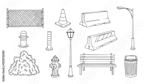 Collection of essential urban infrastructure and public area items like streetlights, benches, bollards, and traffic barriers perfect for city planning or park development projects