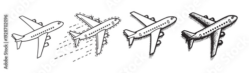 Hand drawn airplane illustrations in various sketchy styles depicting international travel, flight, and aviation concepts, perfect for transportation marketing and tourism related content