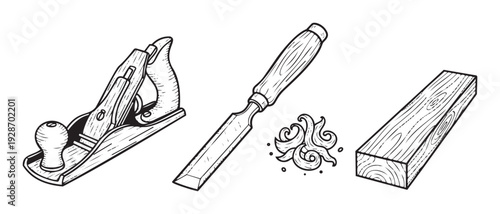 Essential woodworking tools and materials like a classic hand plane, sharp chisel, and timber beam for carpentry workshops, DIY projects, and construction industry concepts