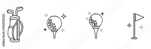 Essential golf equipment line icons for sports apps, game interfaces, website graphics, and athletic event promotions, featuring golf clubs, balls, and a flag