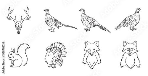 Outlined collection of wild animals and game birds featuring a deer skull, pheasants, a turkey, a squirrel, a fox, and a raccoon, ideal for nature education, hunting graphics, or outdoor