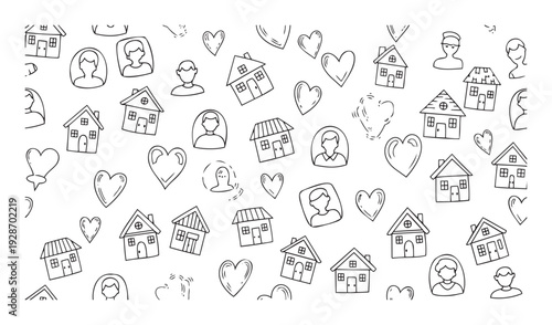 A cheerful collection of hand drawn doodle icons featuring charming houses, loving hearts, and various human figures, perfect for symbolizing family, community, or real estate concepts.