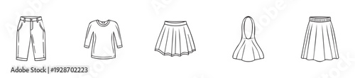 A versatile collection of simple line drawings depicting various apparel items like pants, longsleeved shirts, and different styles of skirts, perfect for garment templates or educational