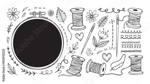 Handdrawn collection of sewing and embroidery tools including an embroidery hoop, spools of thread, needle, and various decorative floral and heart doodles perfect for DIY craft projects