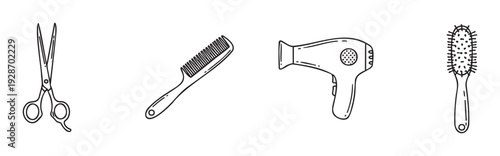 Professional hairdressing and grooming tools including scissors, comb, hair dryer, and hairbrush for salon advertisements, personal care blogs, or barbershop service promotions