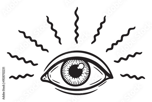 Mystic eye symbol with radiating wavy lines representing psychic vision and spiritual insight, perfect for occult illustrations, spiritual branding, or esoteric design projects.