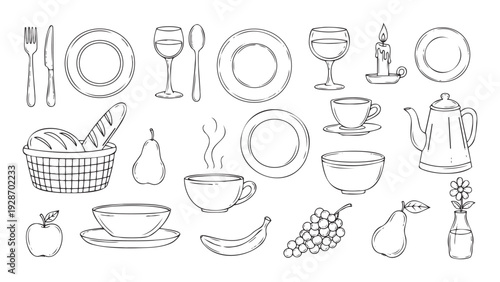 A comprehensive collection of kitchen utensils, essential dining items, and fresh food sketches ideal for creating menus, recipe illustrations, or engaging restaurant promotional content.