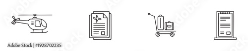 This collection of hand drawn line icons depicts various aspects of air travel including a helicopter, airplane tickets, a luggage cart, and a departure schedule board, perfect for visual