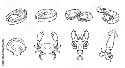 A variety of fresh ocean seafood including fish steaks, oysters, shrimp, crab, lobster, scallop, and squid, perfect for culinary projects, restaurant branding, and healthy eating promotions.