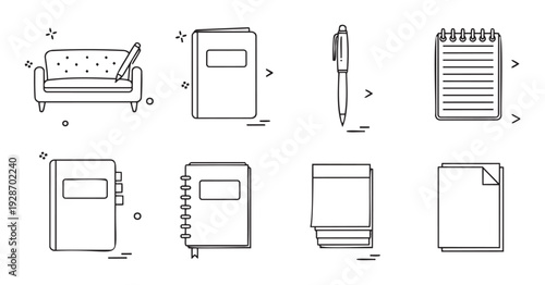 Comprehensive collection of modern line icons featuring various office and school stationery items like books, notebooks, writing pens, and loose papers, ideal for educational resources and