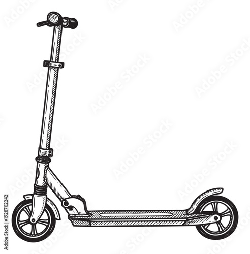 A monochrome hand drawn kick scooter graphic is suitable for transportation related advertisements, sports equipment catalogs, urban mobility promotions, or childrens activity illustrations.