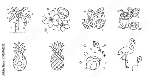 Tropical summer vacation beach holiday line art elements collection featuring exotic fruits plants and leisure items for graphic projects web designs or seasonal advertisements.