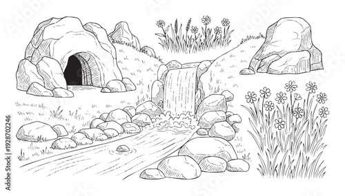 Monochrome outline drawing of a tranquil natural landscape featuring a rocky cave, flowing waterfall, winding stream, and blooming wildflowers, perfect for coloring books or educational