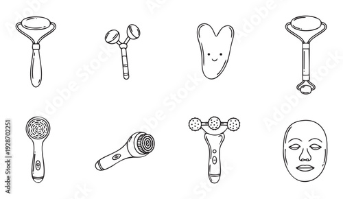 Skincare tools and facial massage devices line icon collection for beauty product packaging, wellness blog graphics, or spa service advertisements