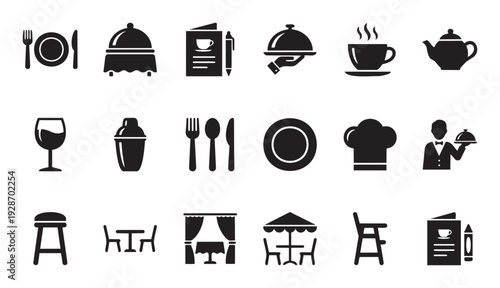 Restaurant and cafe dining icons collection for food service businesses including cutlery plates dishes menus drinks and furniture perfect for web mobile applications and branding materials