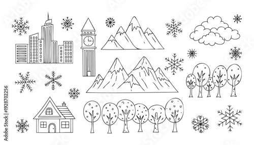 Hand drawn winter and nature elements featuring snowflakes, majestic mountains, modern city buildings, a classic clock tower, fluffy clouds, diverse trees, and a cozy house, ideal for