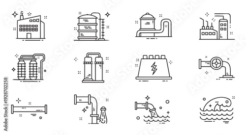 Industrial process and water treatment line icons showcasing factory buildings, filtration systems, power plants, and pipeline infrastructure for environmental and engineering projects