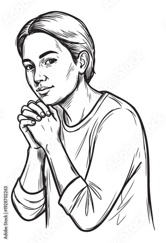 Captivating ink drawing of an expressive young Asian woman with short hair, hands gracefully clasped together, offering a sense of hope and contemplation for publications and educational