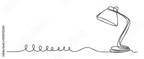 Minimalist one line drawing of a contemporary desk lamp connected by a unique coiled power cable, ideal for technology presentations or study inspiration designs.