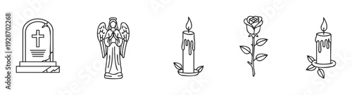 Collection of solemn line drawing symbols for remembrance featuring a gravestone, a praying angel, burning candles, and a delicate rose, ideal for commemorative events or spiritual designs.