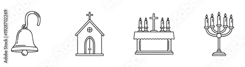 Line icons representing various spiritual symbols including a church with a cross, a ceremonial altar with candles, a traditional menorah, and a classic bell, suitable for various religious