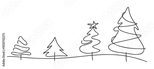 Minimalist continuous line drawing of an evolving Christmas tree forest from small to large sizes with a star on top for holiday greetings and winter season promotional materials