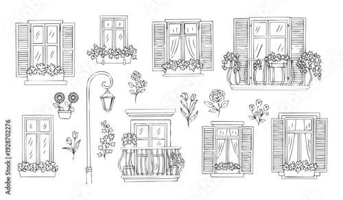 Black outline vector set of various house windows with open shutters, decorative balconies, flower boxes, blooming flowers and a street lamp for architectural design.