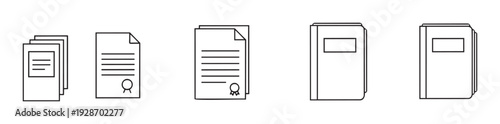 A diverse collection of professional outline icons representing various document types including certificates and stacked papers alongside academic books, ideal for educational resources