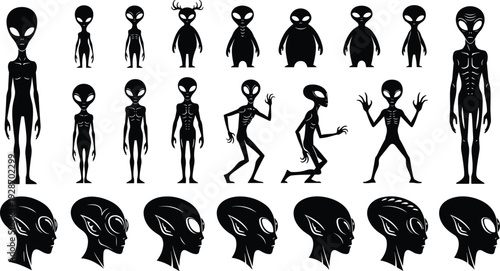Alien silhouettes vector collection, extraterrestrial humanoid characters set, sci fi creatures, spooky alien poses, head profiles, black minimal illustration design elements