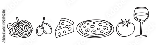 A delightful collection of classic Italian food and drink outline icons, perfect for restaurant menus, cooking blogs, recipe books, or culinary event promotions.