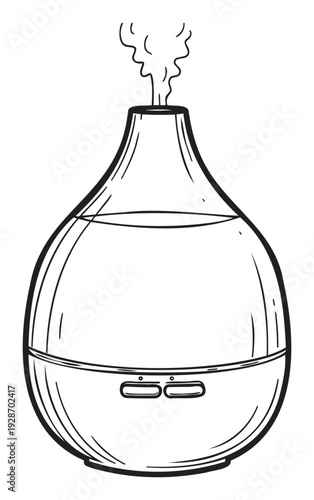 Simple line drawing of a modern essential oil diffuser emitting a gentle mist, suitable for wellness product branding, health articles, and home environment imagery.