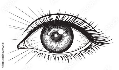 Mystical human eye drawing with detailed eyelashes and radiating lines, representing vision, perception, and insight for spiritual, esoteric, or educational projects