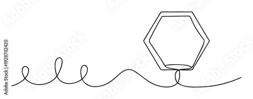 Continuous flowing black line forming graceful loops and outlining a modern hexagonal bottle shape, ideal for sophisticated graphic designs, product packaging, and contemporary branding