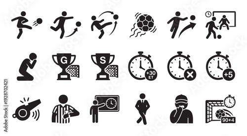 Soccer football game sport icons set depicting players kicking a ball goal celebration extra time referee and coaching elements perfect for sports news apps websites and promotional