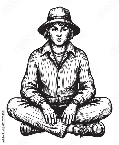 A person wearing a widebrimmed hat and collared shirt sits crosslegged in a calm pose, rendered in a striking black and white woodcut style, ideal for lifestyle publications or expressive