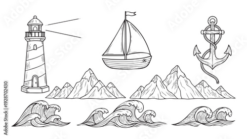 Hand drawn collection of ocean themed elements including a lighthouse, sailboat, anchor, mountains, and waves, perfect for maritime adventure travel and coastal exploration