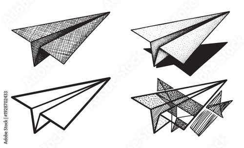 Stylized paper airplane designs showcasing unique black and white shading techniques and outlines, ideal for modern graphic prints, web elements, or inspirational corporate communications.