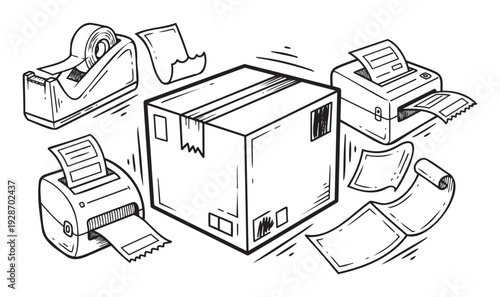 Cardboard box for packaging and shipping with label printers, a tape dispenser, and various paper items for logistics operations
