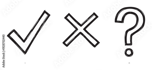 Hand drawn doodle style check mark, cross mark, and question mark symbols for expressing agreement, disagreement, and uncertainty in presentations, interactive designs, and educational