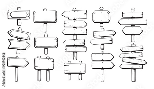 Set of hand drawn wooden signposts and arrow shaped boards, useful for designing navigation elements, game maps, outdoor adventures, or informational displays.